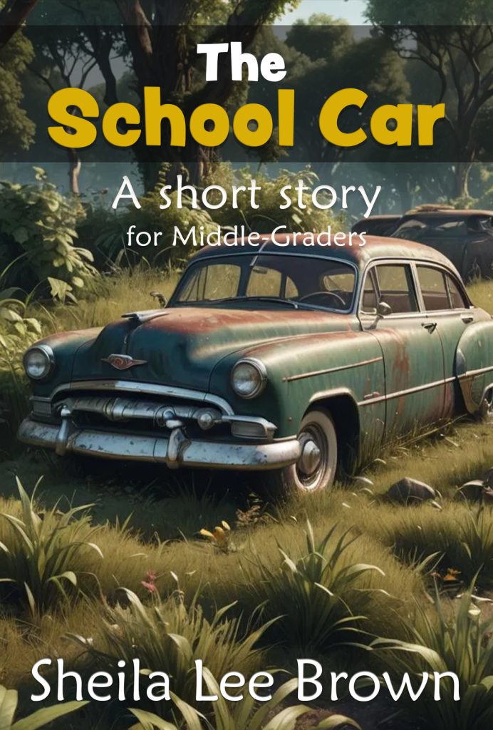 The School Car flash fiction cover with old car parked in overgrown meadow.