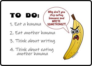 Angry banana by Sheila Lee Brown criticizing eating bananas over writing.