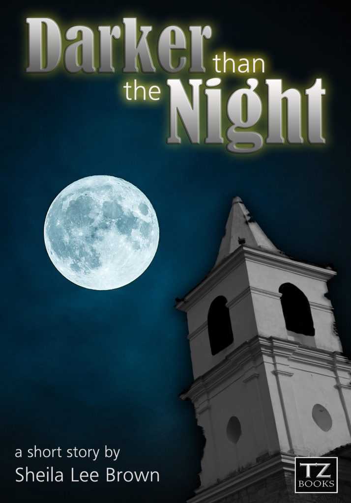 Flash fiction Darker than the Night cover with old church and full moon.