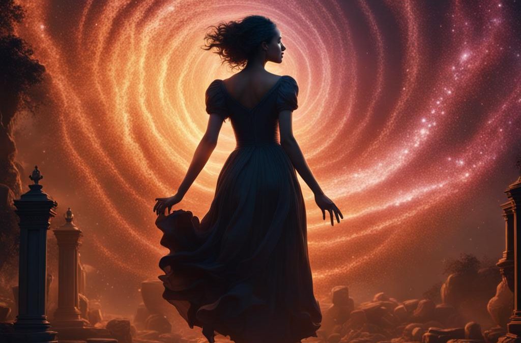 AI image of woman standing in front of a swirl of galactic magic.