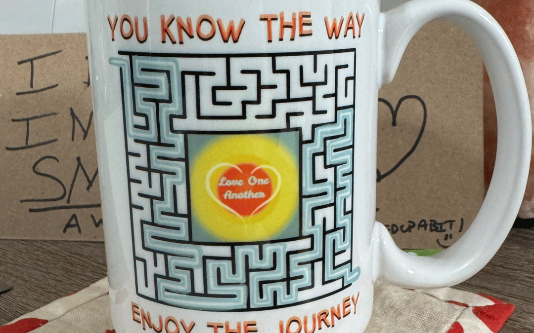 Photo of mug with Sheila Lee Brown's graphic of "You Know the Way" maze.