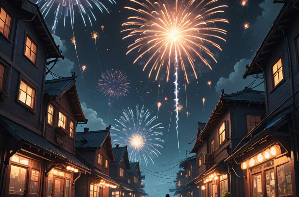 AI image of fireworks exploding in the sky over a city street with houses on either side.