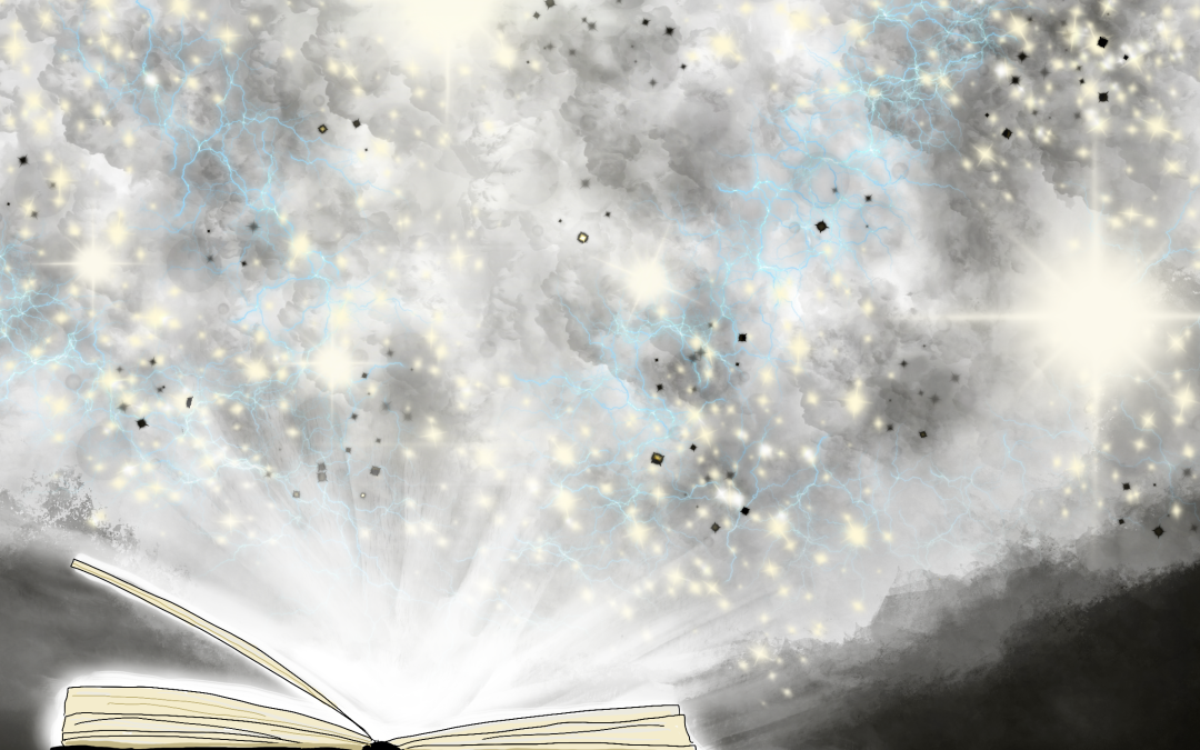 Graphic by Sheila Lee Brown depicting a book exploding with magic.