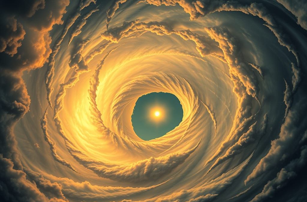 AI image of sun shining through swirl of clouds.