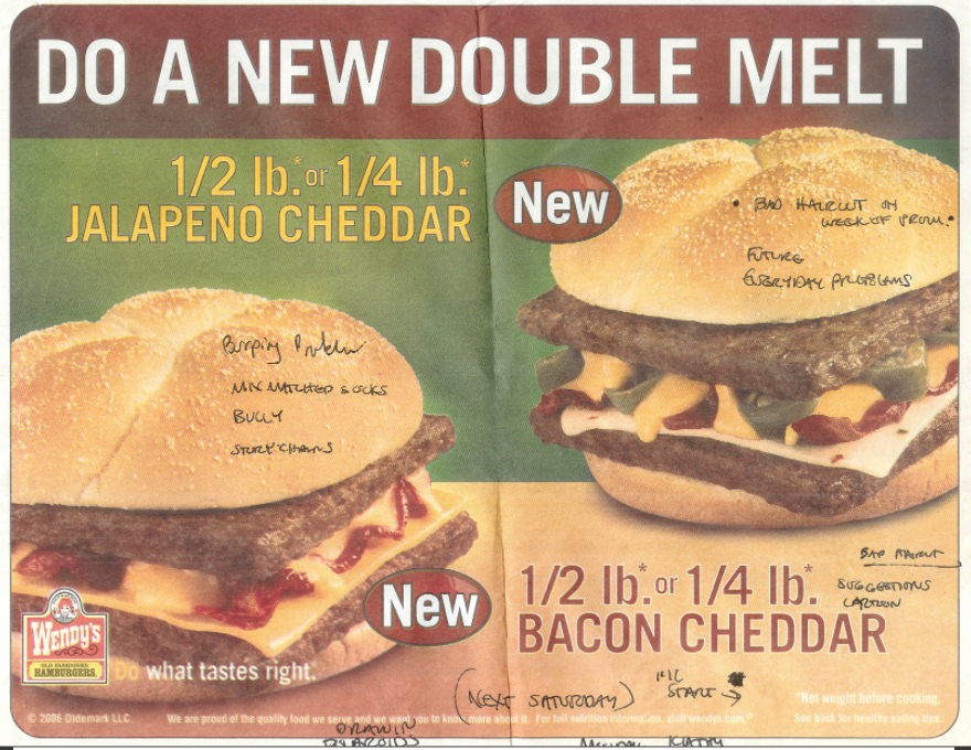 2006 Wendy's paper placemat with notes.