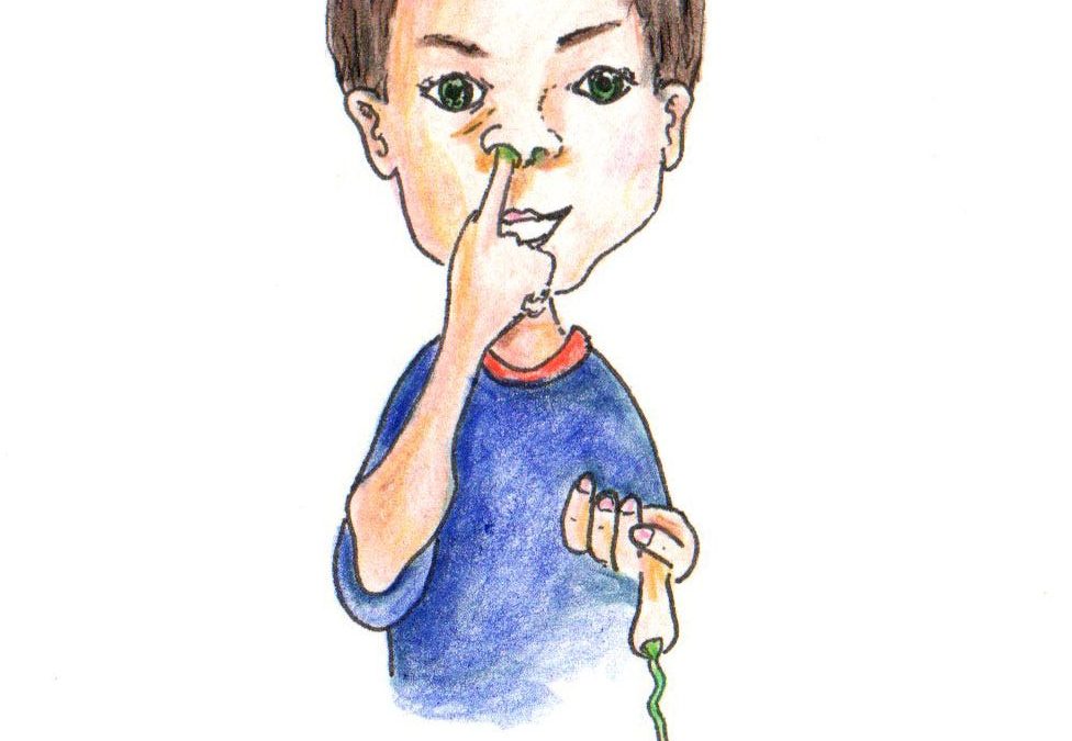 Ink and colored pencil drawing of a boy picking his nose by Sheila Lee Brown.