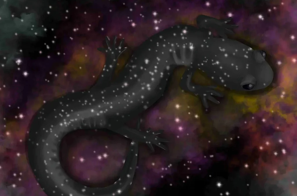 Digital painting of slimy salamander in space.