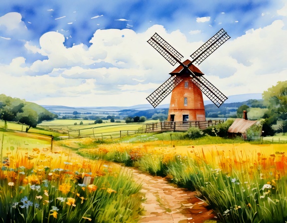 AI image of windmill in a peaceful meadow.