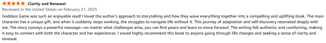 5-star review for "Goddess Game" book.