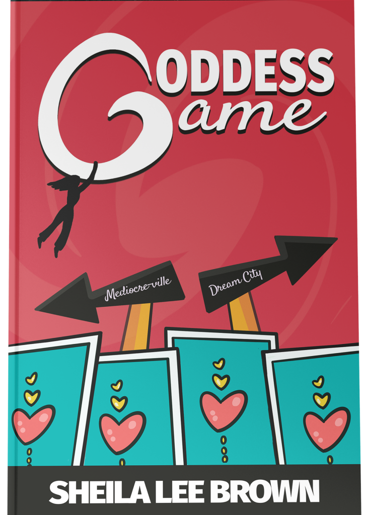 Whimiscal cover for Goddess Game with cards and woman holding on for dear life.