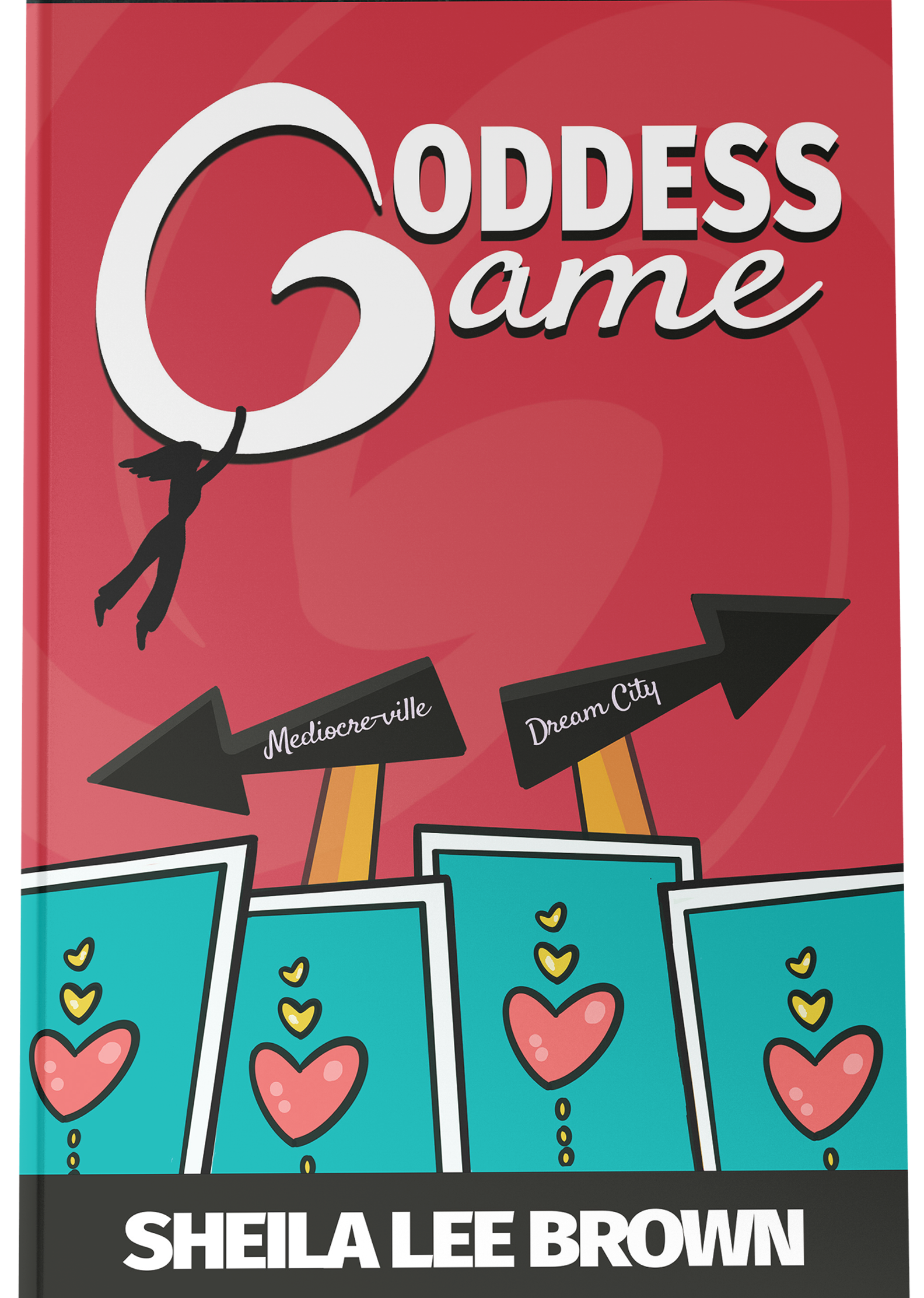 Goddess Game Whimiscal cover for Goddess Game with cards and woman holding on for dear life.