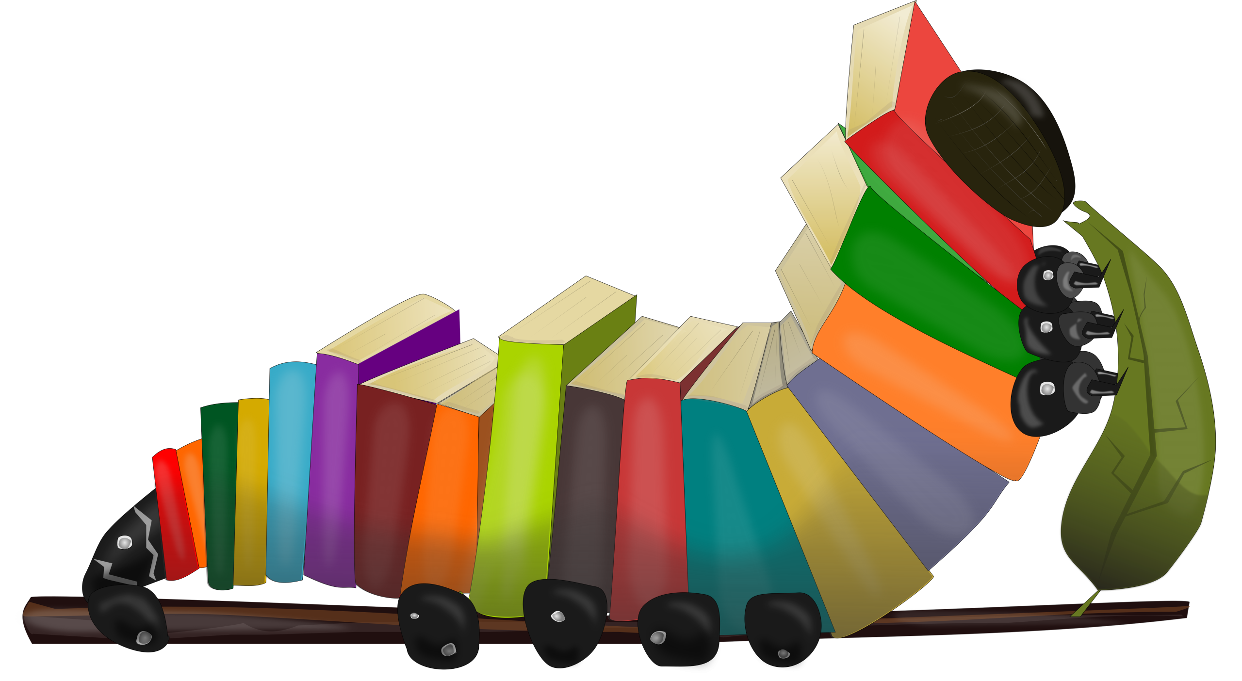 Cute graphic of chunky caterpillar made of books.