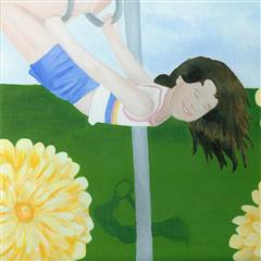 Painting of young girl swinging upsidedown by Sheila Lee Brown.