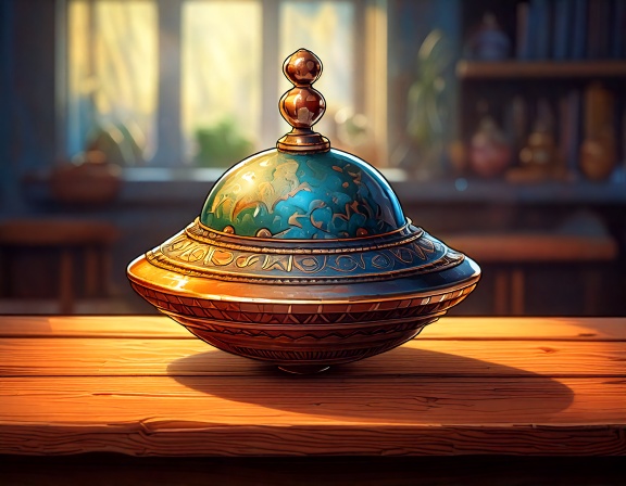 AI illustration of a top standing still on a table.