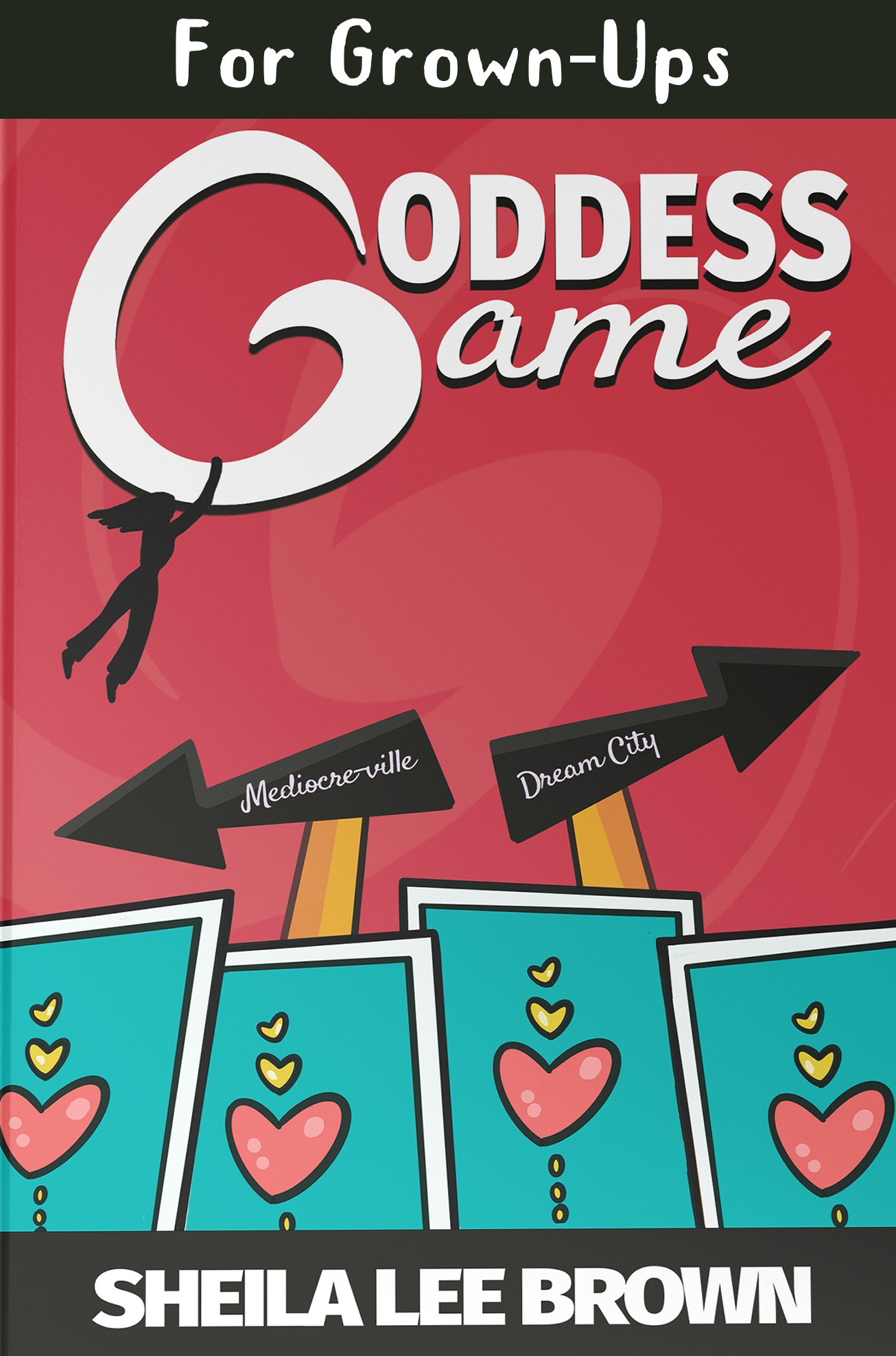 Whimiscal cover for Goddess Game with cards and woman holding on for dear life.